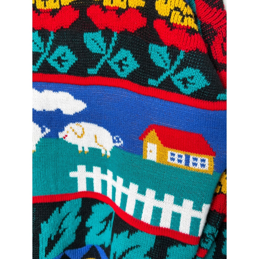 Vintage Rose Womens Pig Farm Landscape Floral Intarsia Knit Sweater Multicolor